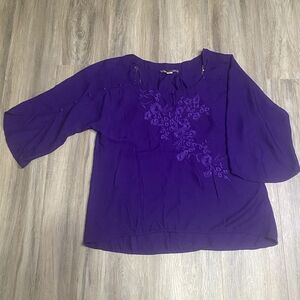 Nine West Vintage‎ America Purple Embroidered Floral Button Sleeve Blouse Size S